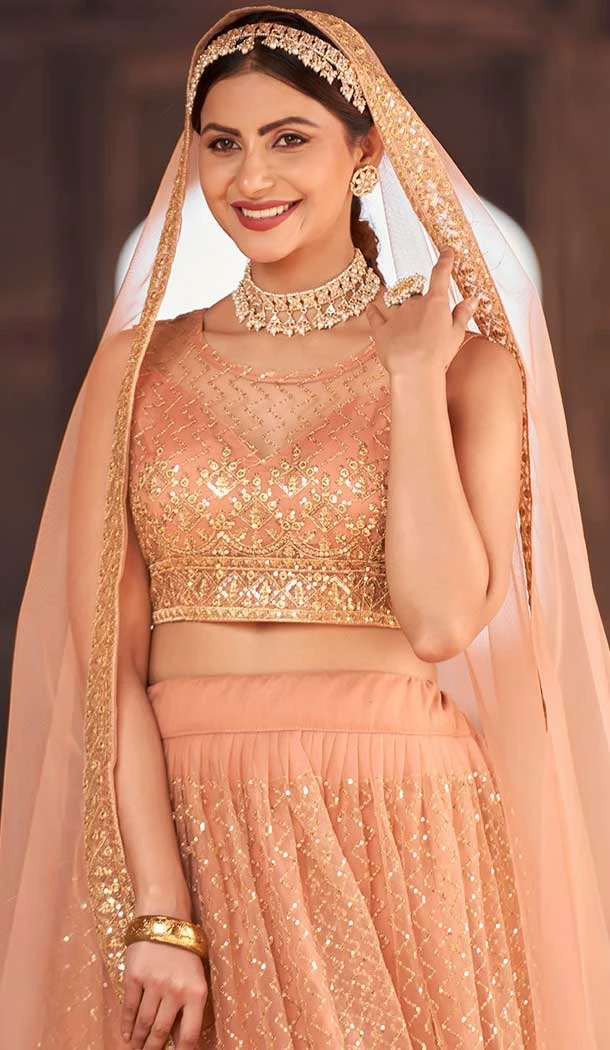 Net Embroidery Work Designer Wear Lehenga Choli In Rust - 9819189774