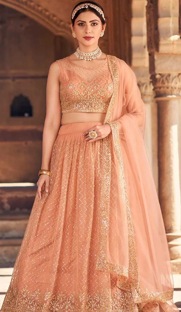 Net Embroidery Work Designer Wear Lehenga Choli In Rust - 9819189774