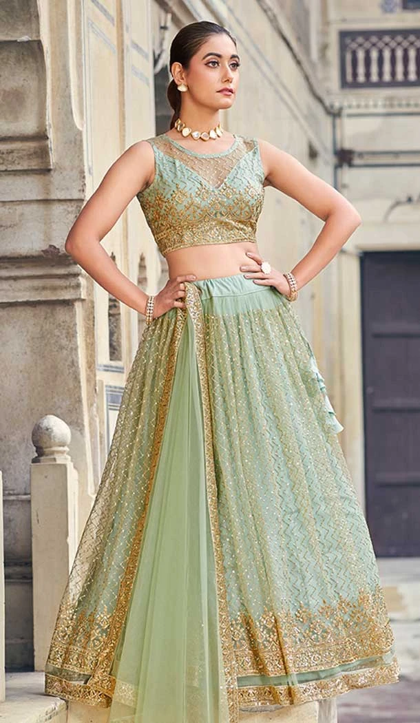 Net Embroidery Work Designer Wear Lehenga Choli In Green - 9819189776