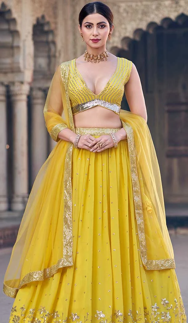 Georgette Sequence Work Party Wear Lehenga Choli In Lemon Yellow - 9820189779