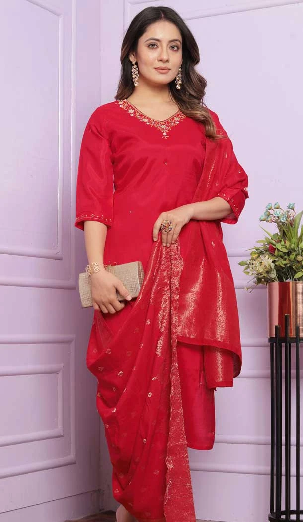Red Muslin Hand Work Party Wear Readymade Salwar Suit - 9836189870
