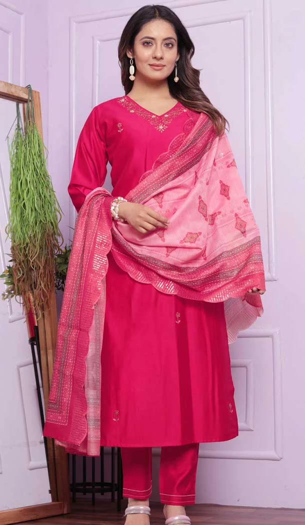 Viscose Denting Hand Work Party Wear Readymade Salwar Suit In Rani Pink - 9836189874