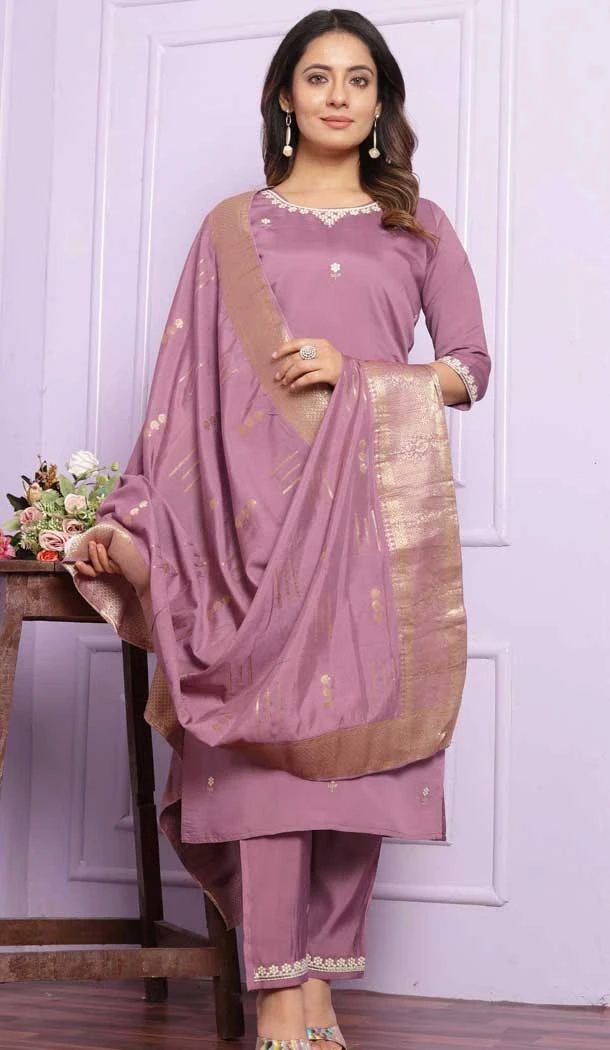 Pastel Purple Viscose Silk Embroidery Work Party Wear Readymade Salwar Suit - 9836189877