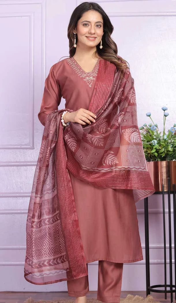 Rust Russian Silk Hand Work Party Wear Readymade Salwar Suit - 9836189880