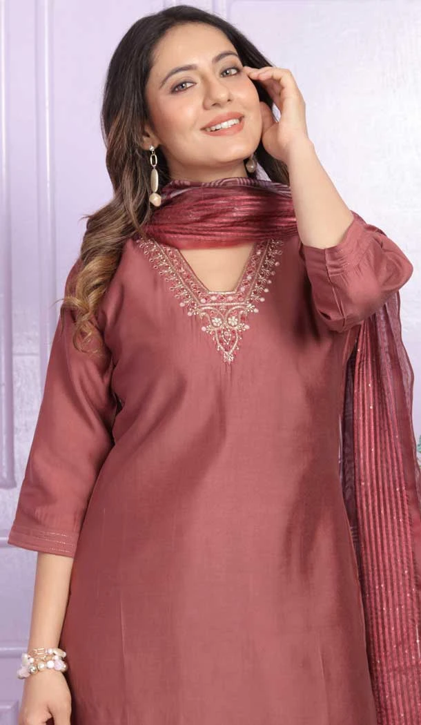 Rust Russian Silk Hand Work Party Wear Readymade Salwar Suit - 9836189880