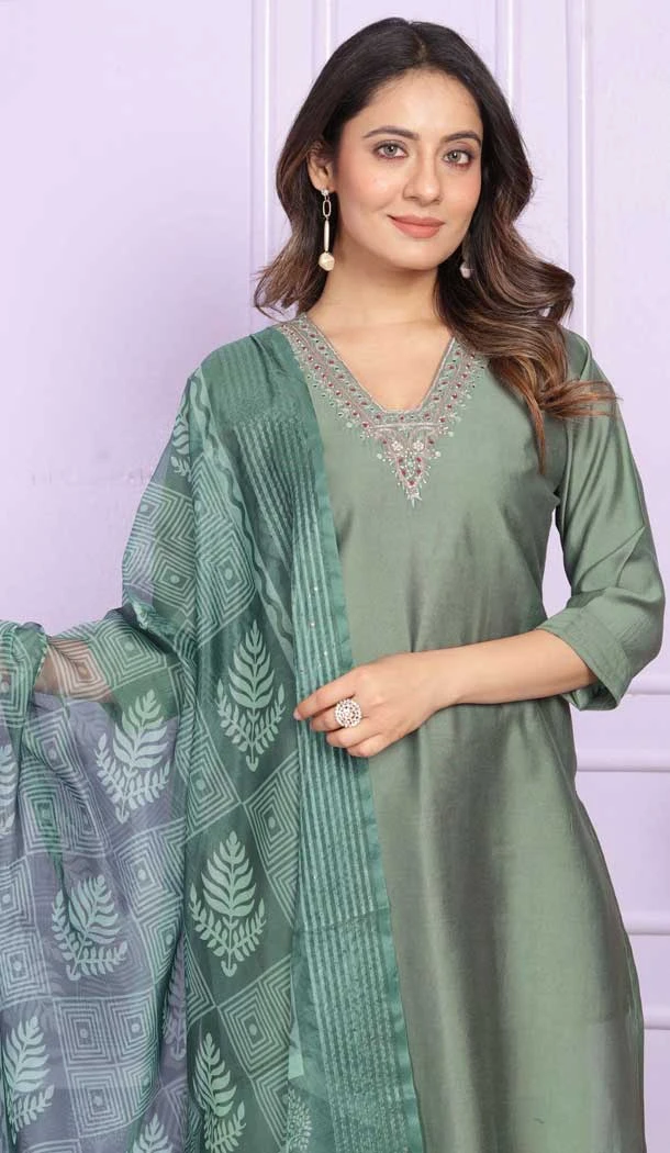 Green Russian Silk Hand Work Party Wear Readymade Salwar Suit - 9836189881