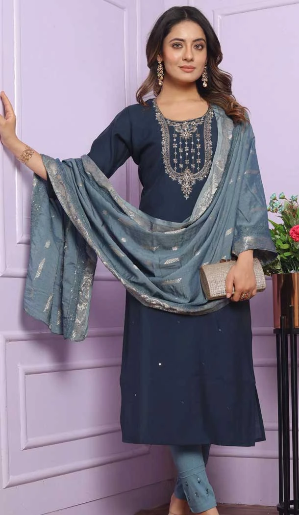 Blue Russian Silk Hand Work Party Wear Readymade Salwar Suit - 9836189883