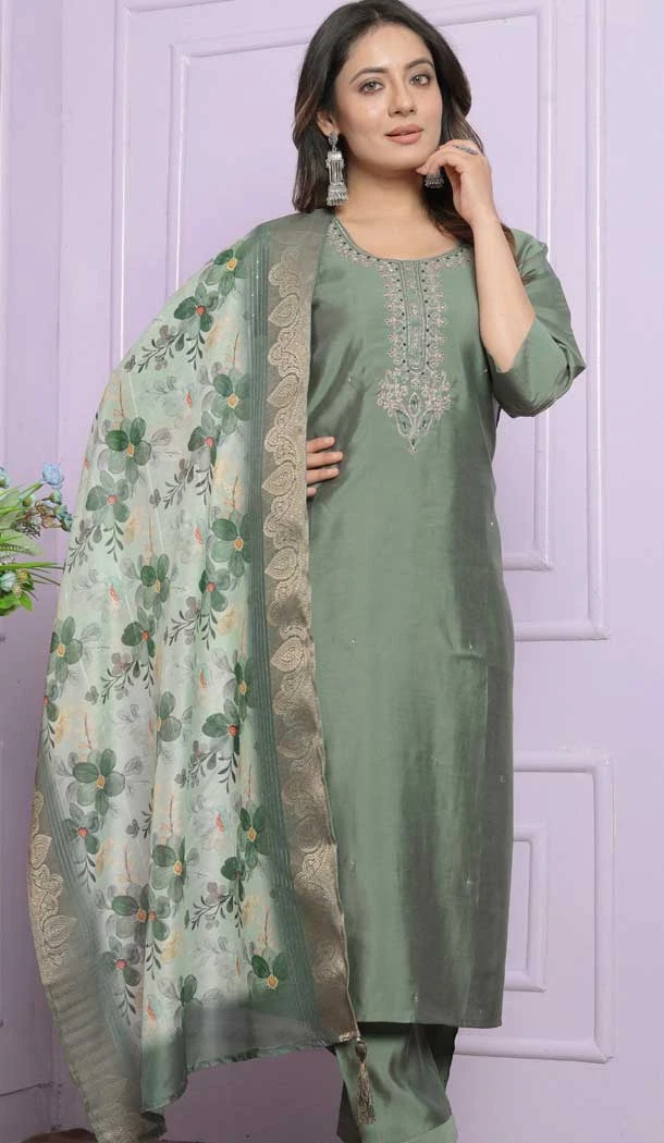 Russian Silk Hand Work Party Wear Readymade Salwar Suit In Green - 9836189884