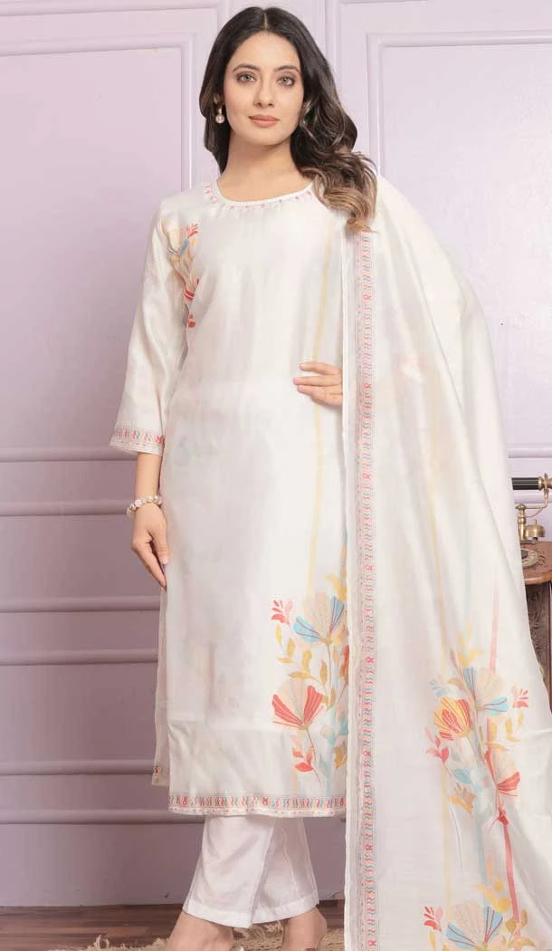 White Printed Modal Silk Hand Work Party Wear Readymade Salwar Suit - 9836189890