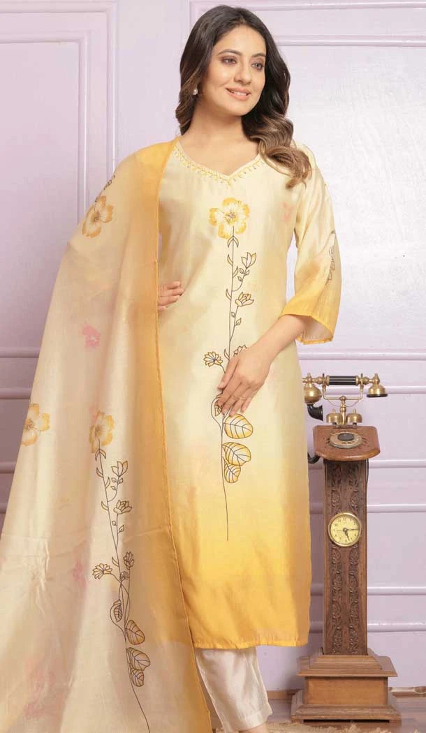 Yellow Printed Modal Silk Hand Work Party Wear Readymade Salwar Suit - 9836189891
