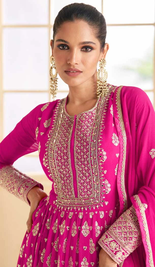 Rani Pink Georgette Embroidered Party Wear Gown - 9840189908