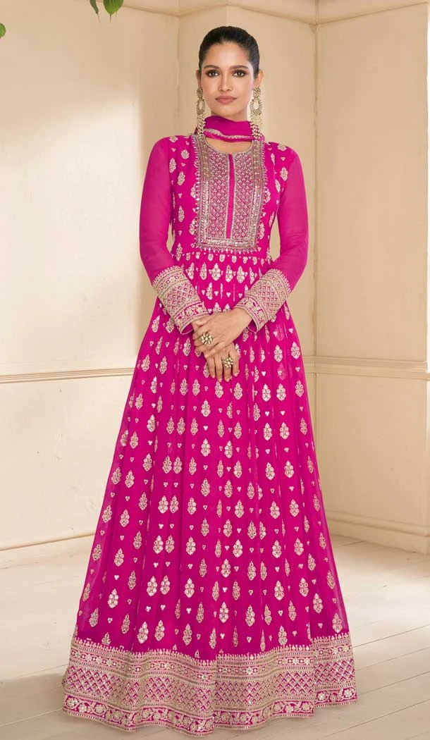 Rani Pink Georgette Embroidered Party Wear Gown - 9840189908