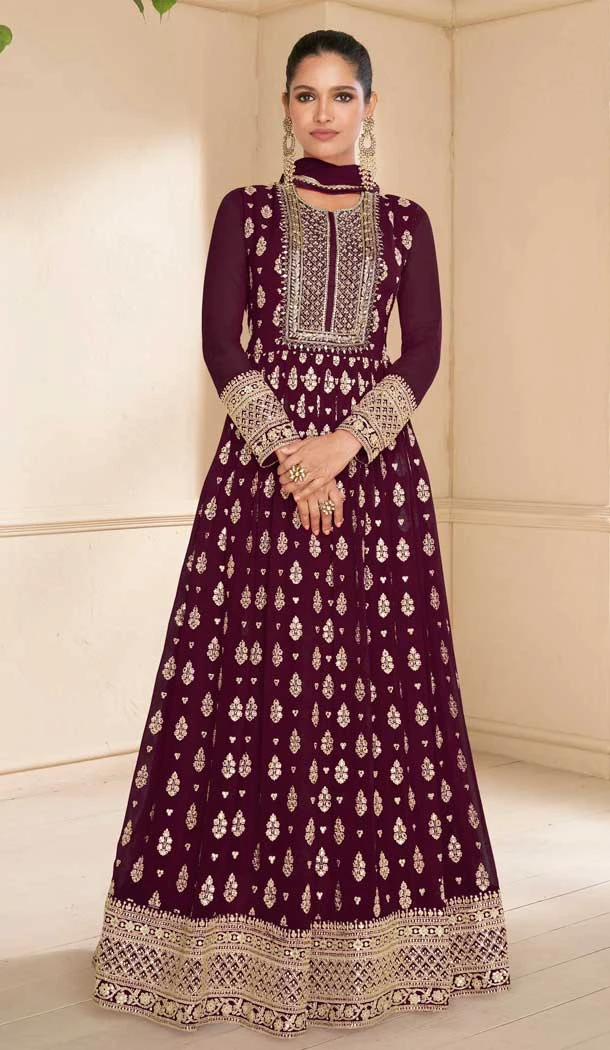 Maroon Georgette Embroidered Party Wear Gown - 9840189909