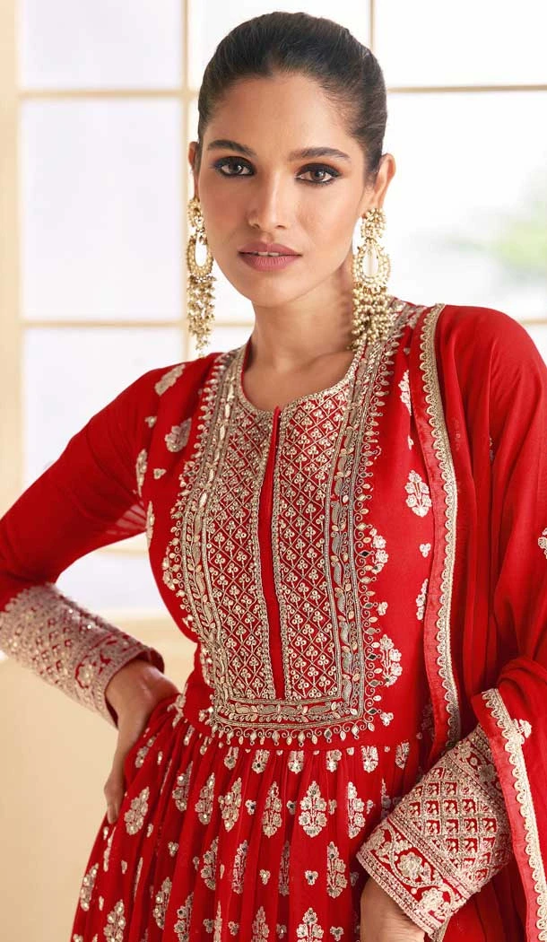 Red Georgette Embroidered Party Wear Gown - 9840189910