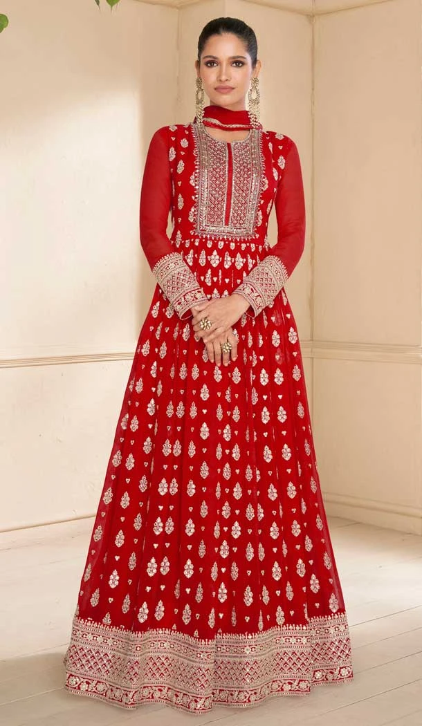 Red Georgette Embroidered Party Wear Gown - 9840189910