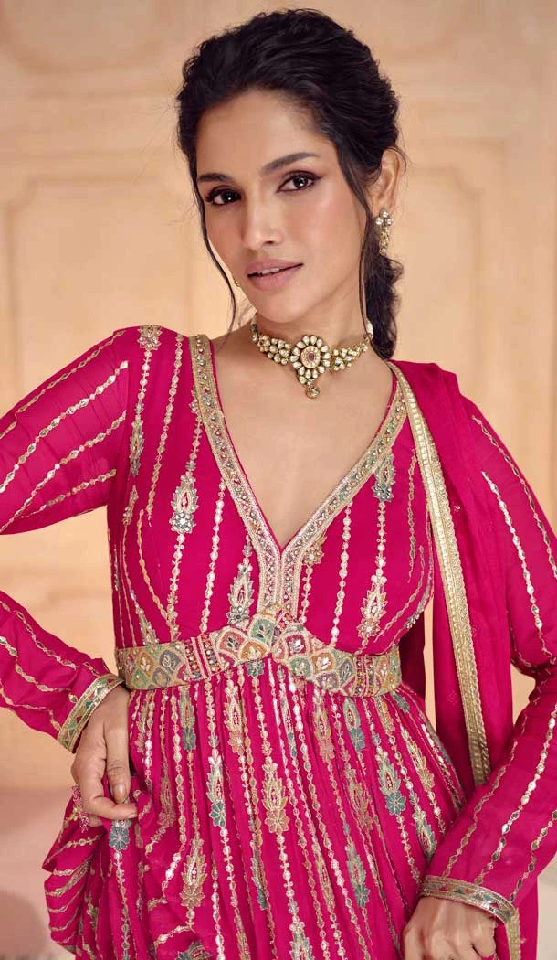 Georgette Embroidered Function Wear Designer Gown In Rani Pink - 9841189911