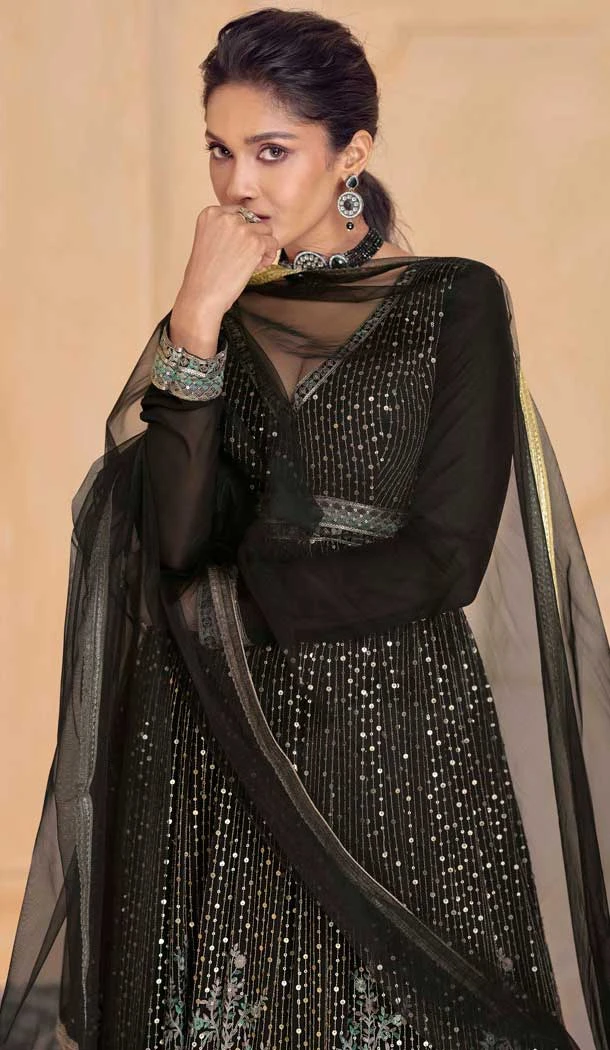 Georgette Embroidered Function Wear Designer Gown In Black - 9841189912
