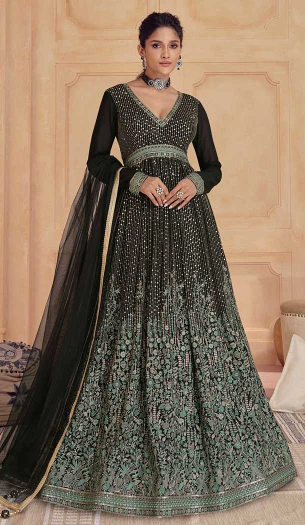 Georgette Embroidered Function Wear Designer Gown In Black - 9841189912