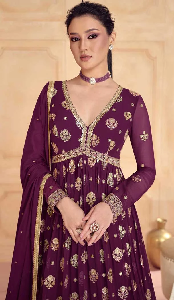 Georgette Embroidered Function Wear Designer Gown In Wine - 9841189913