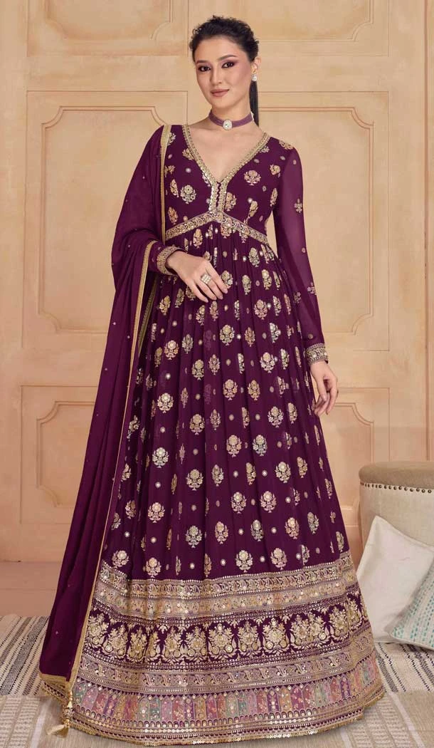 Georgette Embroidered Function Wear Designer Gown In Wine - 9841189913