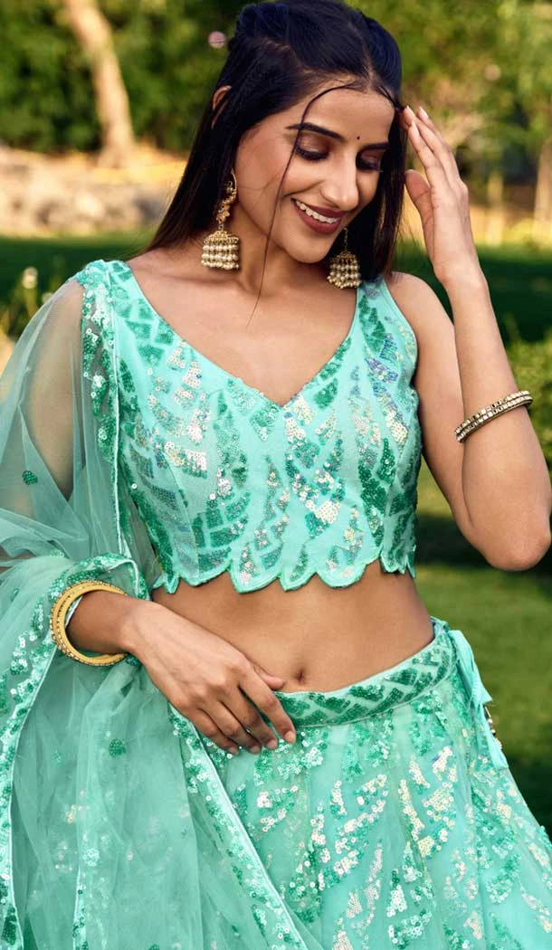 Aqua Blue Soft Net Sequins Embroidered Party Wear Lehenga Choli - 9937191339