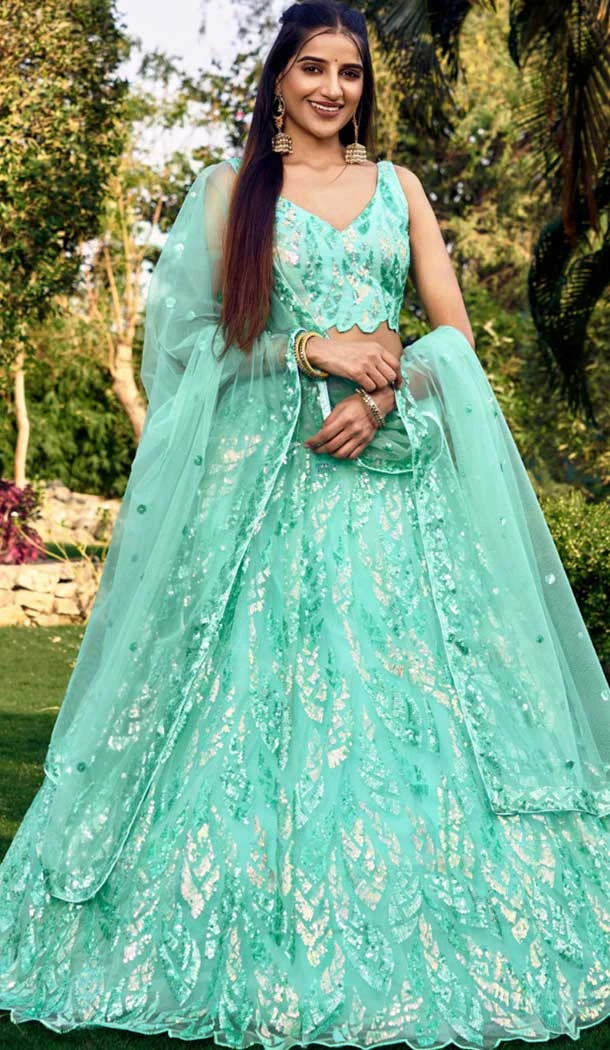 Aqua Blue Soft Net Sequins Embroidered Party Wear Lehenga Choli - 9937191339