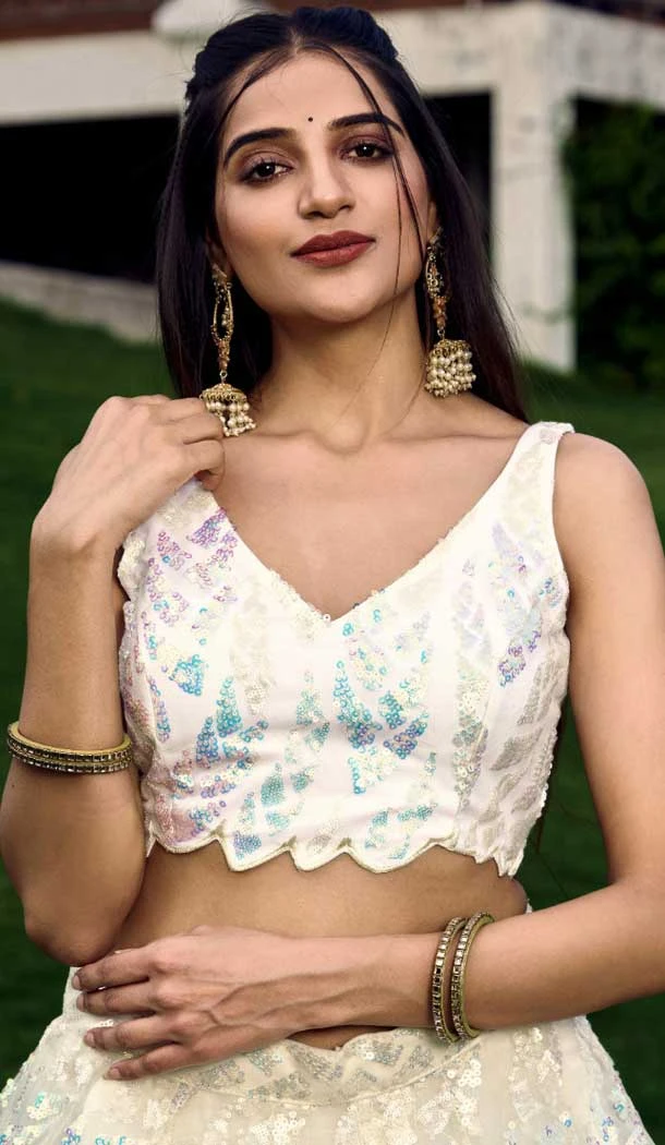 White Soft Net Sequins Embroidered Party Wear Lehenga Choli - 9937191341