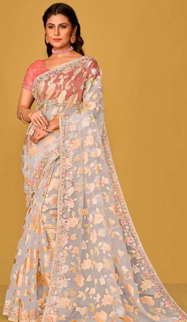 Off White Peach Organza Brasso Sequins Traditional Wear Saree - 9947191386