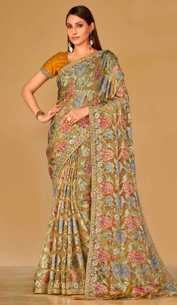 Brown Organza Brasso Sequins Traditional Wear Saree - 9947191390