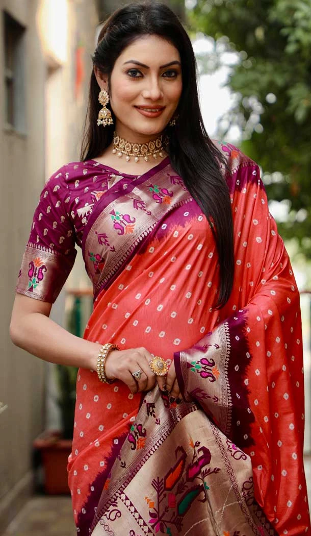 Brown Rust Dola Silk Bandhej Printed Party Wear Saree - 147161383