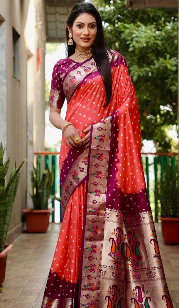 Brown Rust Dola Silk Bandhej Printed Party Wear Saree - 147161383