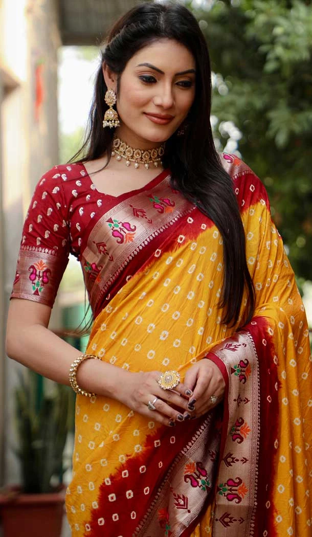 Mustard Dola Silk Bandhej Printed Party Wear Saree - 147161384