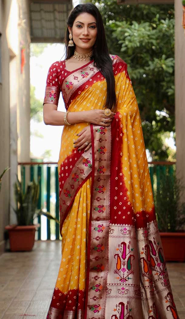 Mustard Dola Silk Bandhej Printed Party Wear Saree - 147161384