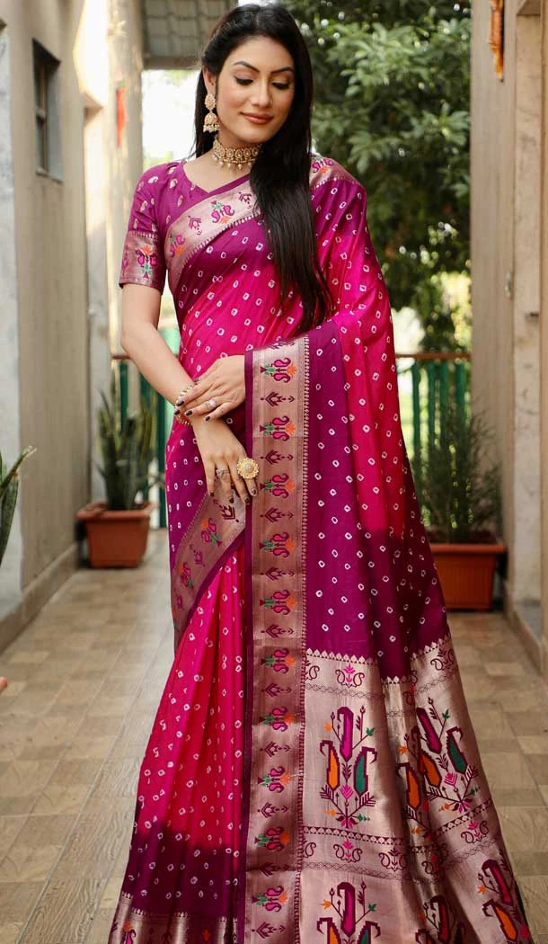 Pink Dola Silk Bandhej Printed Party Wear Saree - 147161385