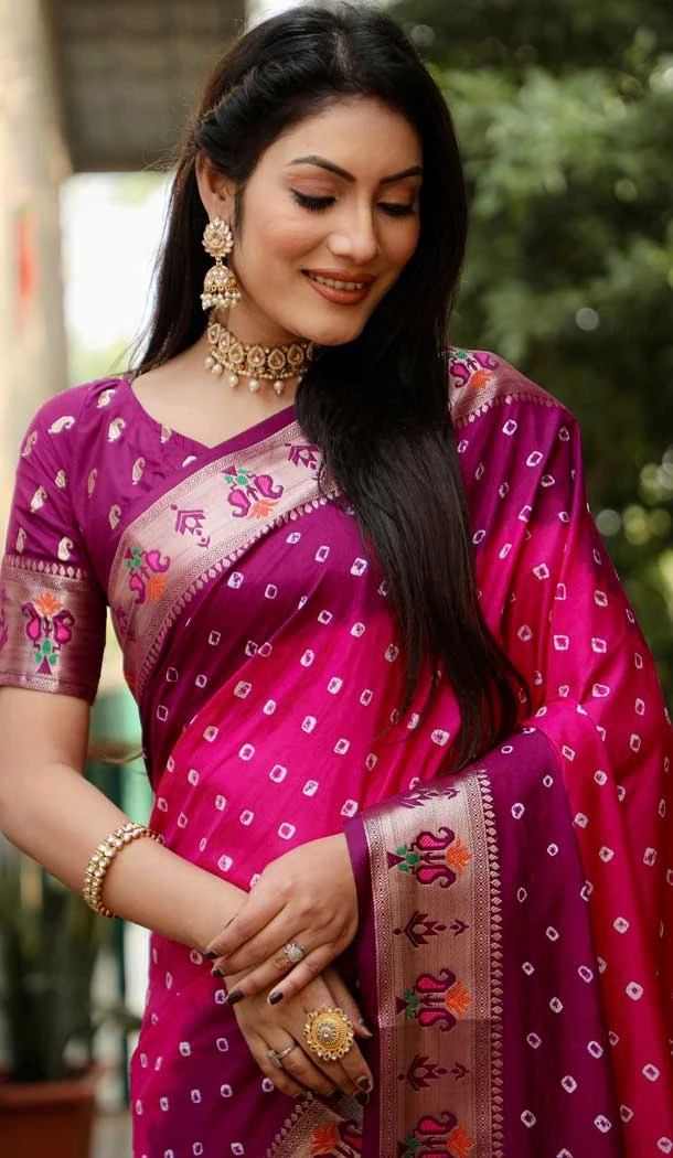 Pink Dola Silk Bandhej Printed Party Wear Saree - 147161385