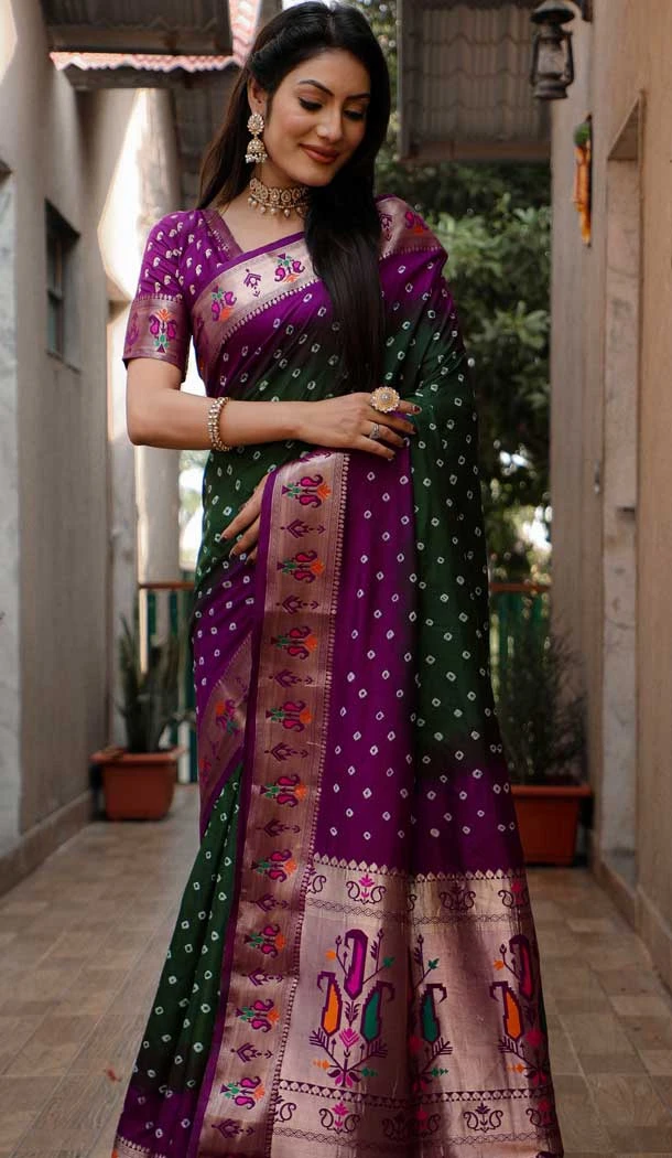 Green Dola Silk Bandhej Printed Party Wear Saree - 147161386