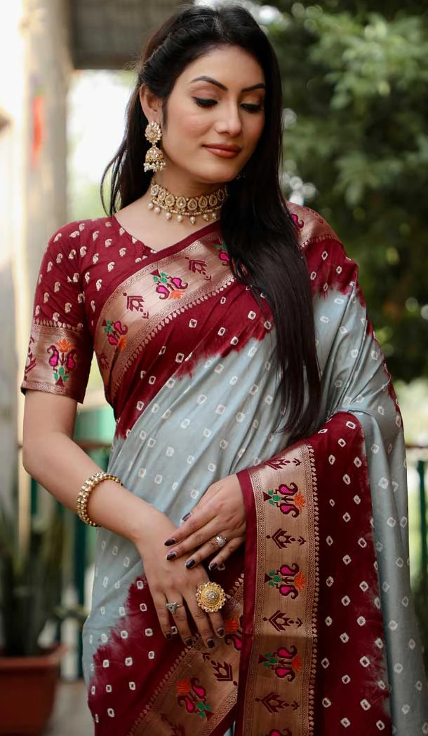Grey Dola Silk Bandhej Printed Party Wear Saree - 147161387