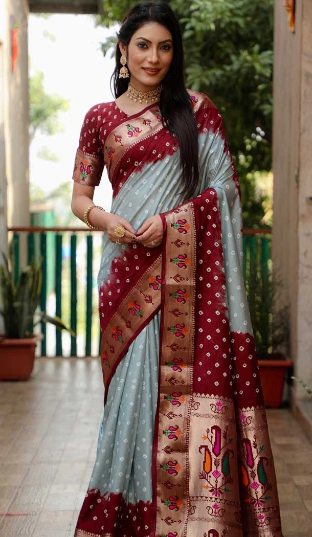 Grey Dola Silk Bandhej Printed Party Wear Saree - 147161387