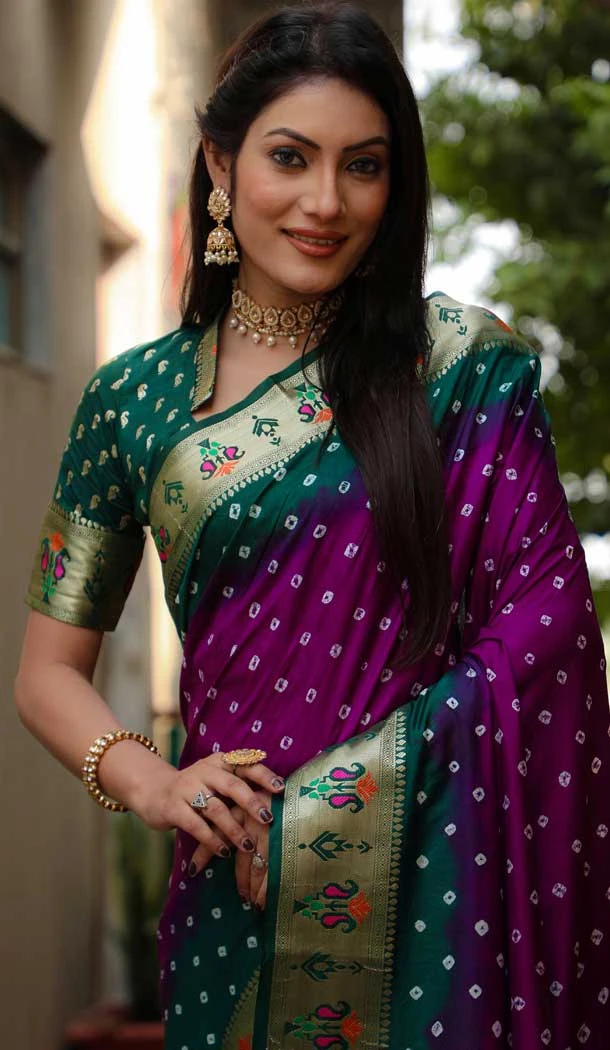 Purple Dola Silk Bandhej Printed Party Wear Saree - 147161388