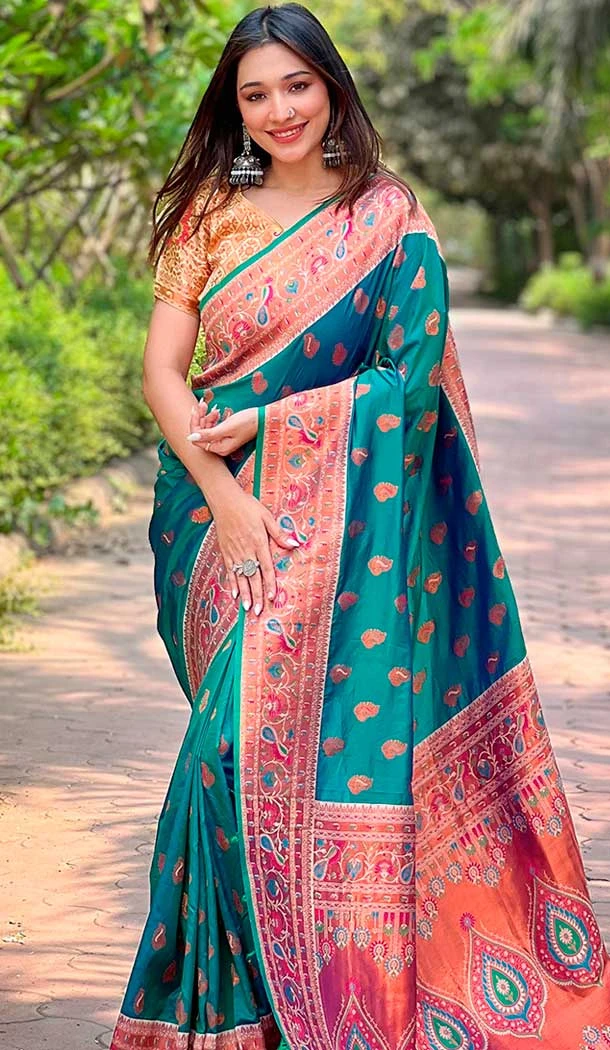Paithani Silk Woven Work Party Wear Designer Saree In Green - 147271461