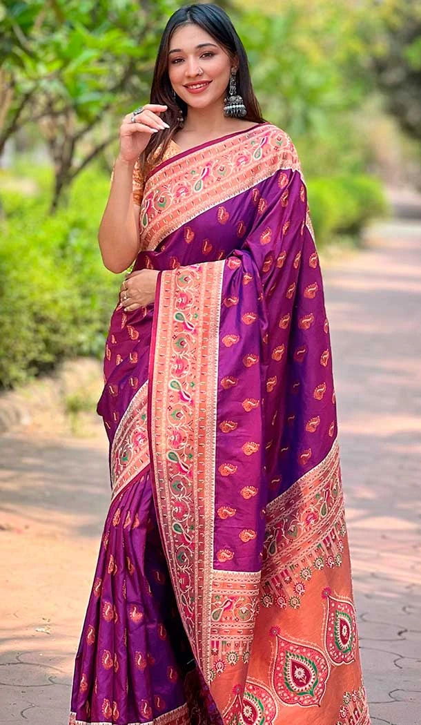 Paithani Silk Woven Work Party Wear Designer Saree In Purple - 147271463