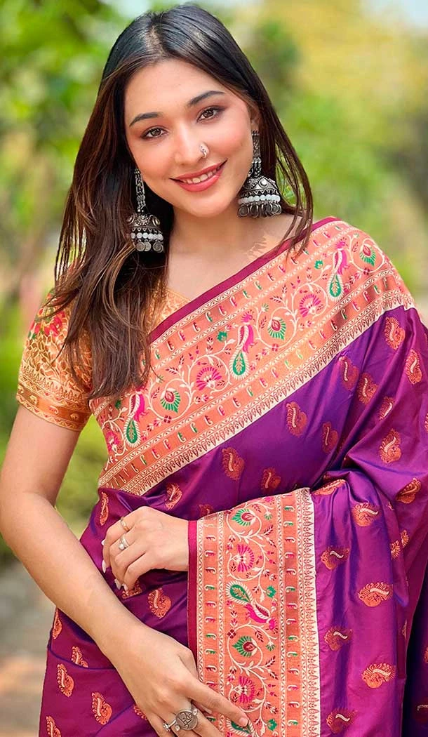 Paithani Silk Woven Work Party Wear Designer Saree In Purple - 147271463