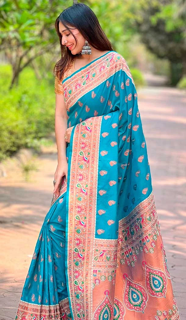 Paithani Silk Woven Work Party Wear Designer Saree In Blue - 147271464