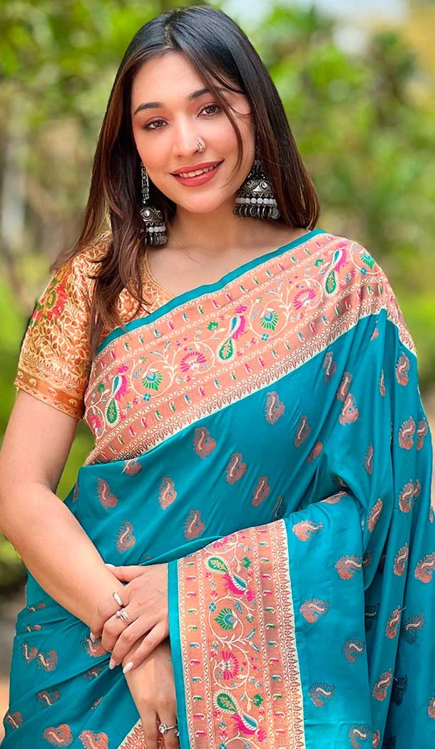 Paithani Silk Woven Work Party Wear Designer Saree In Blue - 147271464