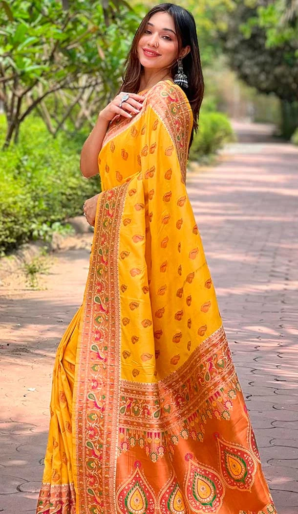 Paithani Silk Woven Work Party Wear Designer Saree In Yellow - 147271465