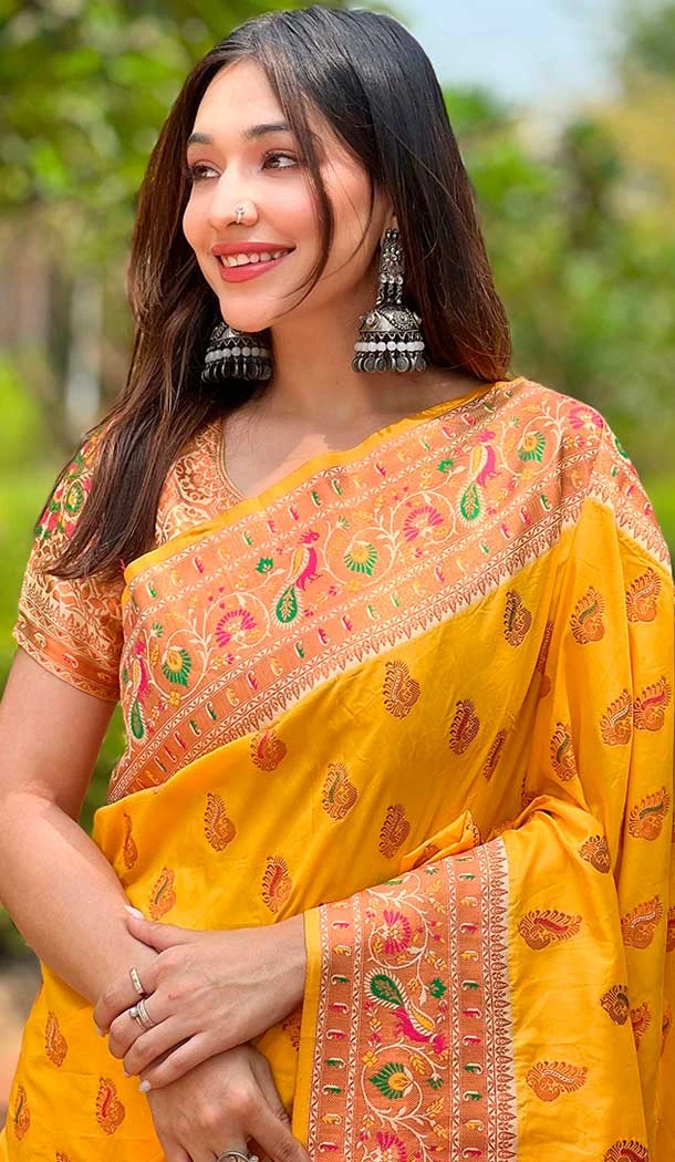 Paithani Silk Woven Work Party Wear Designer Saree In Yellow - 147271465