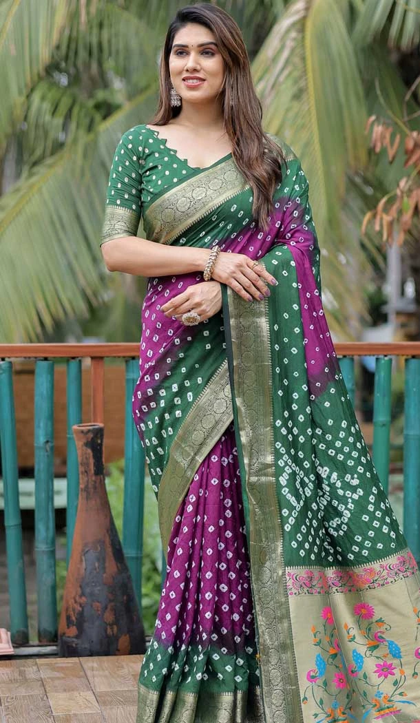 Green Dola Silk Bandhej Printed Traditional Wear Saree - 147361519
