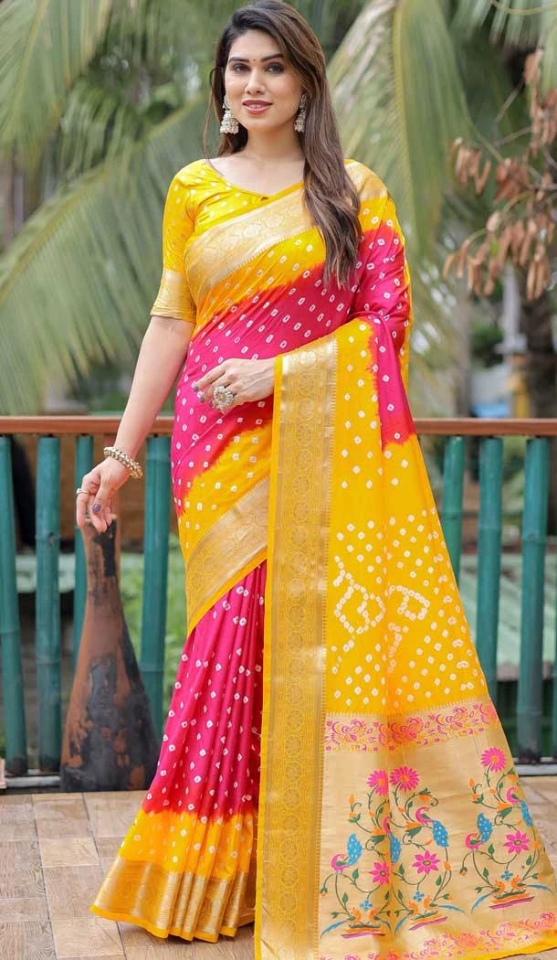 Yellow Dola Silk Bandhej Printed Traditional Wear Saree - 147361520