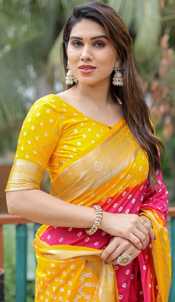 Yellow Dola Silk Bandhej Printed Traditional Wear Saree - 147361520