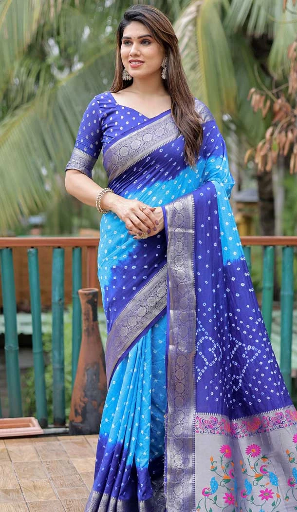 Blue Dola Silk Bandhej Printed Traditional Wear Saree - 147361521